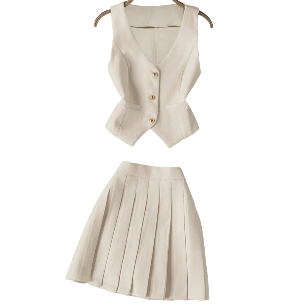 Elegantes Damen-Set in Beige: V-Ausschnitt-Weste mit Taillenbund & Plissierter Rock - Zweiteiliges Ensemble mit Goldknopf-Blazer-Weste + A-Linien-Minirock