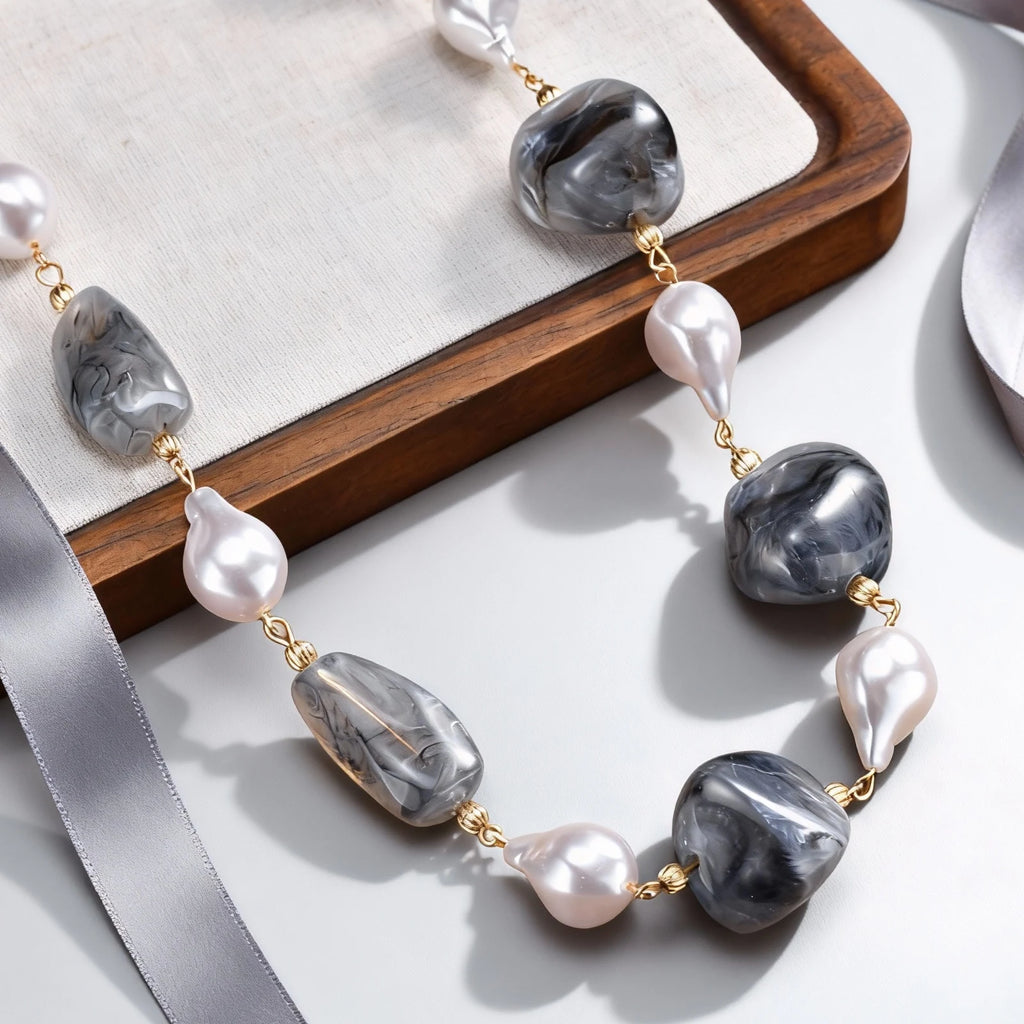 Vnox klobige Halskette mit unregelmäßigen Perlen für Damen, zweifarbige Winterpulloverkette, Schlüsselbein-Hals-Accessoires