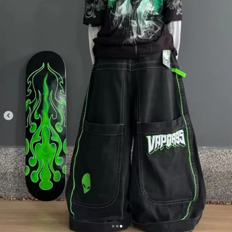 Jeans Frühling und Herbst Europäische und amerikanische Hose mit weitem Bein und lockerem Alien-Muster 2024, neuer High-Street-Trend, Hip-Hop-Männer