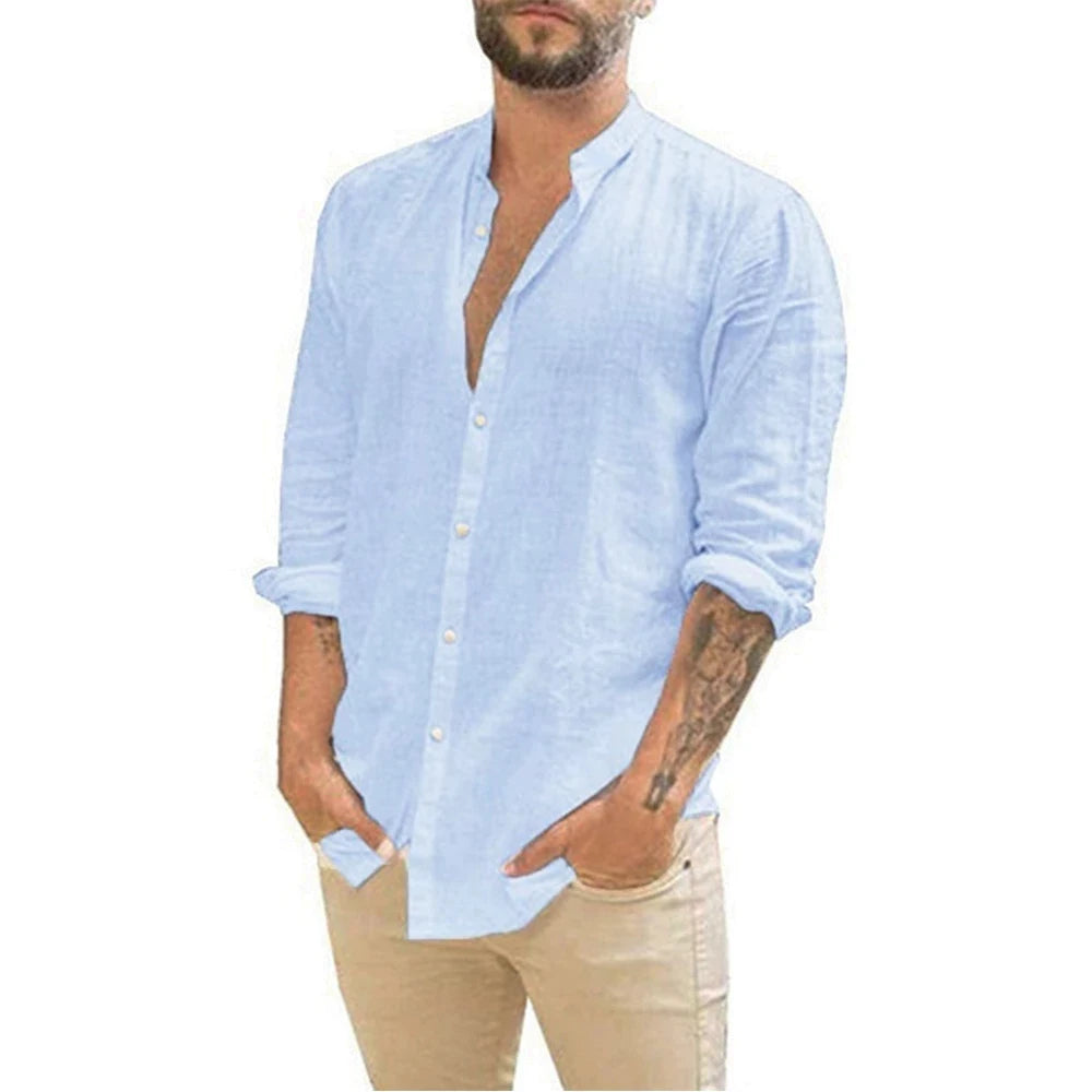 Baumwolle Leinen Heißer Verkauf männer Langarm Shirts Sommer Einfarbig Stehkragen Casual Strand Stil Plus Größe