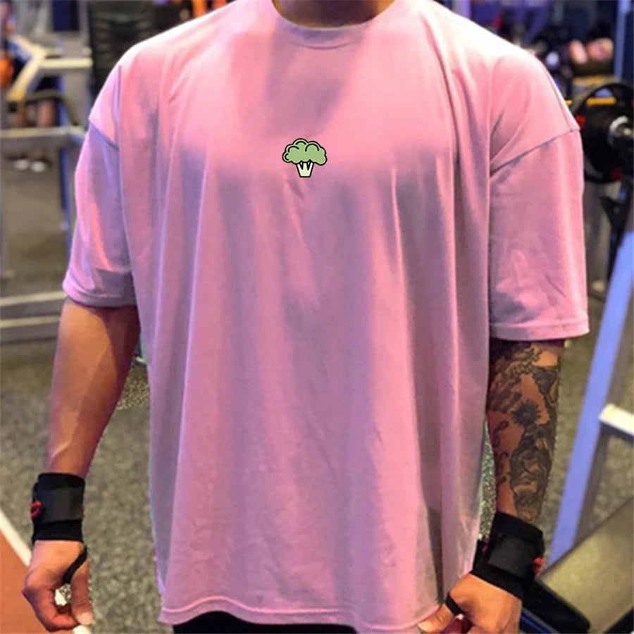 Hochwertige Turnhallen T-Shirt Männer Bodybuilding drucken lose T-Shirt Workout Fitness T-Shirts Männer Kleidung Baumwolle Kurzarm Sport hemd