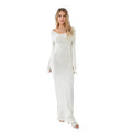 Damen-Kleid mit langen Ärmeln, Krawatte, rückenfrei, Rundhalsausschnitt, Rüschenbesatz, langes Kleid, Herbst und Winter, gestrickt, einfarbig, figurbetontes Kleid, Beige/Grau/Weiß