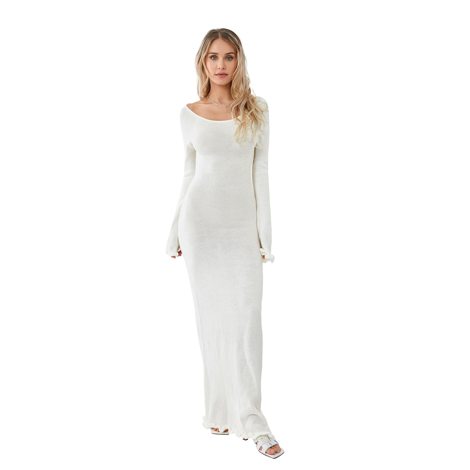 Damen-Kleid mit langen Ärmeln, Krawatte, rückenfrei, Rundhalsausschnitt, Rüschenbesatz, langes Kleid, Herbst und Winter, gestrickt, einfarbig, figurbetontes Kleid, Beige/Grau/Weiß