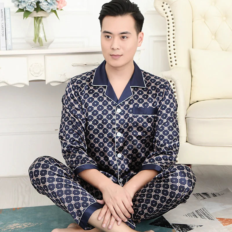 Hohe Qualität Pyjamas Set Männer Frühling Herbst Dünne Polyester Eis Seide Lange ärmeln Nachtwäsche Plus Größe Sommer Hause Kleidung männlichen
