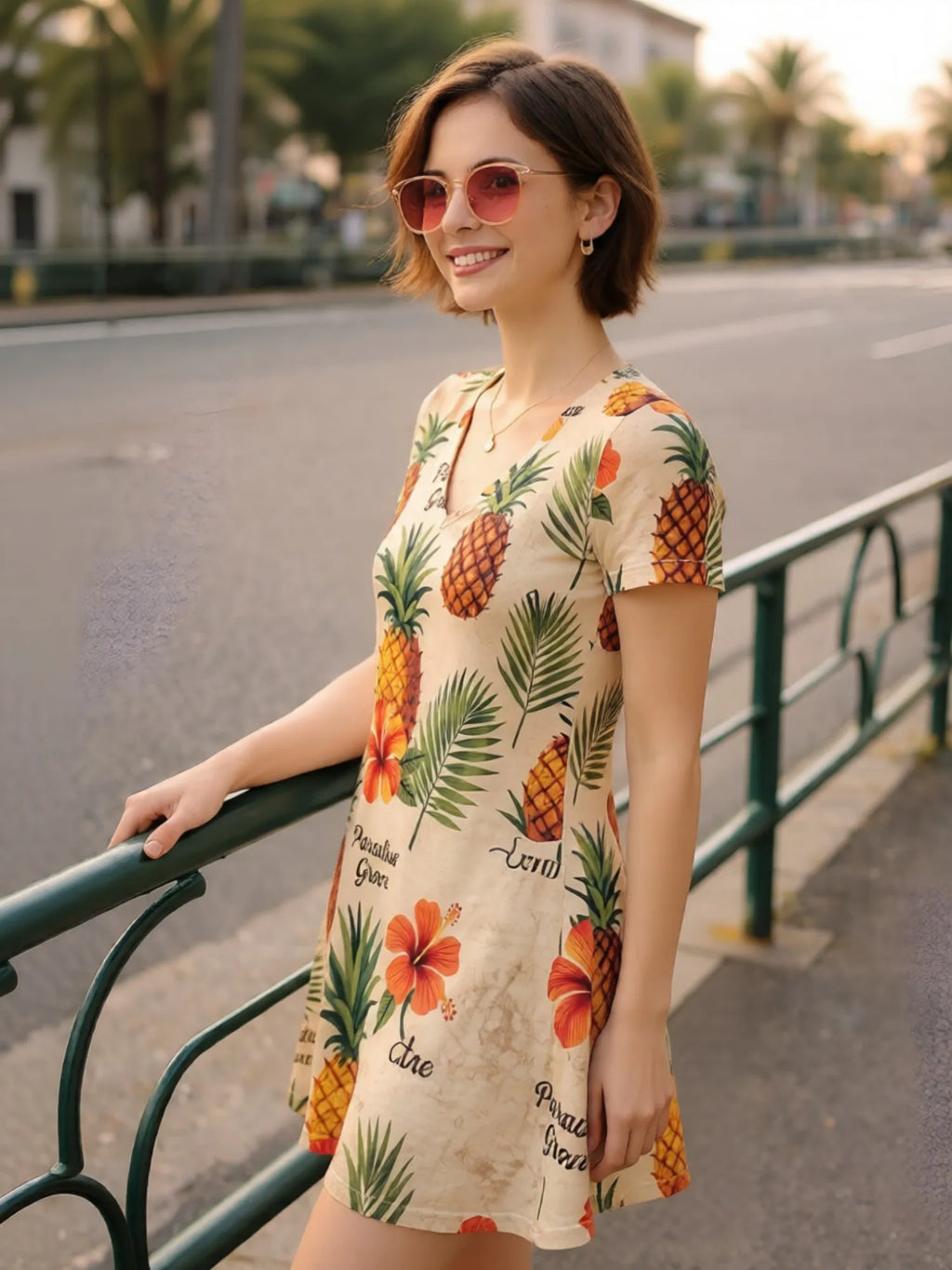 Damenkleid mit V-Ausschnitt und kurzen Ärmeln, Blumenmuster, lässiges Sommer-Outfit für Urlaub, Brunch, Freizeit, Wochenende, Alltag, Café, Party