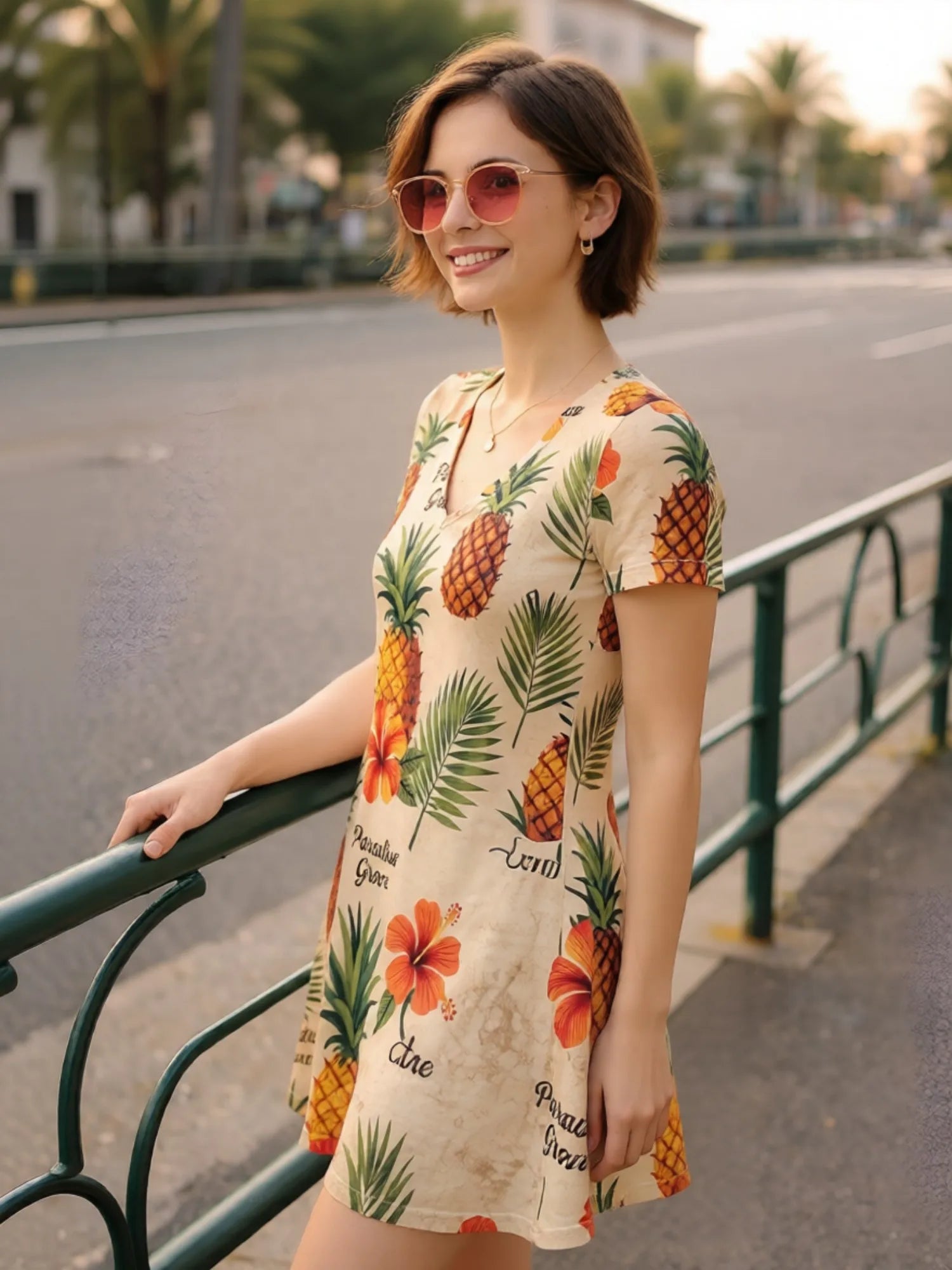 Damenkleid mit V-Ausschnitt und kurzen Ärmeln, Blumenmuster, lässiges Sommer-Outfit für Urlaub, Brunch, Freizeit, Wochenende, Alltag, Café, Party