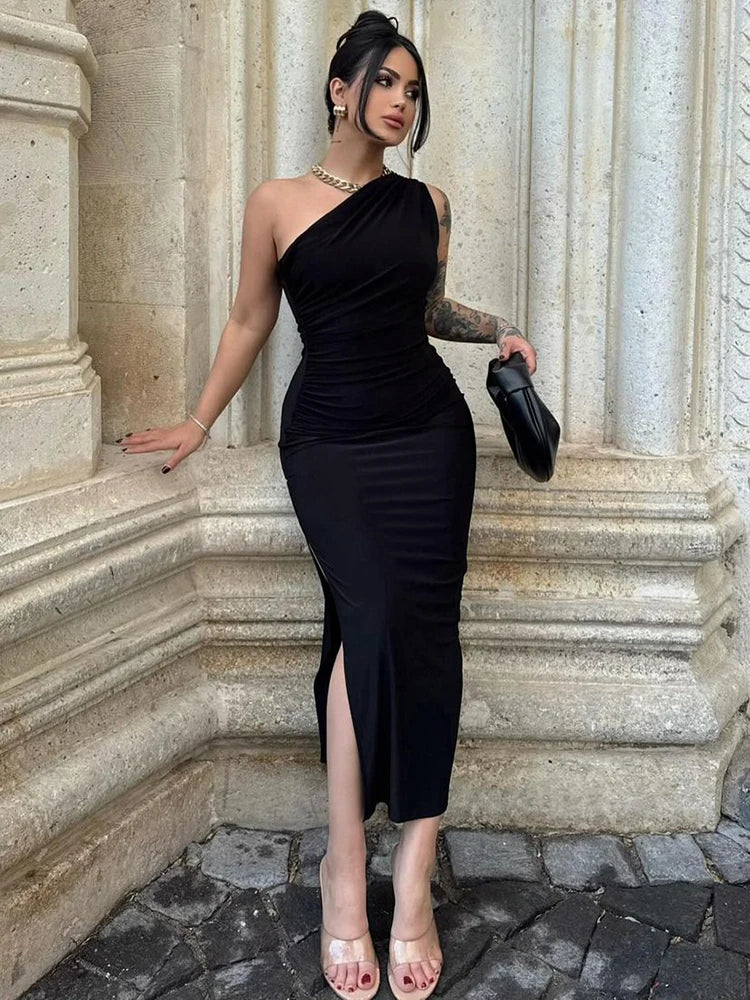 Damen Maxikleider Sexy Geschlitztes Schwarzes Ärmelloses Rückenfreies Schmales Kleid Sommer Damenmode Schulterfreies Club Elegantes Partykleid