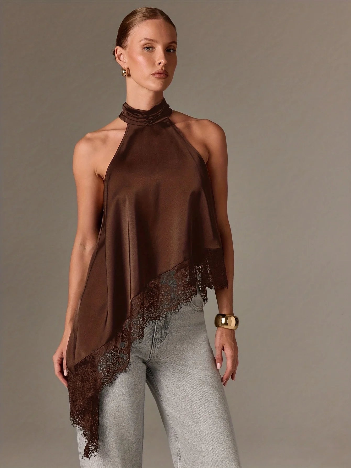 Herbstmode Damen Asymmetrisches Hochgeschlossenes Rückenfreies Neckholder-Top
