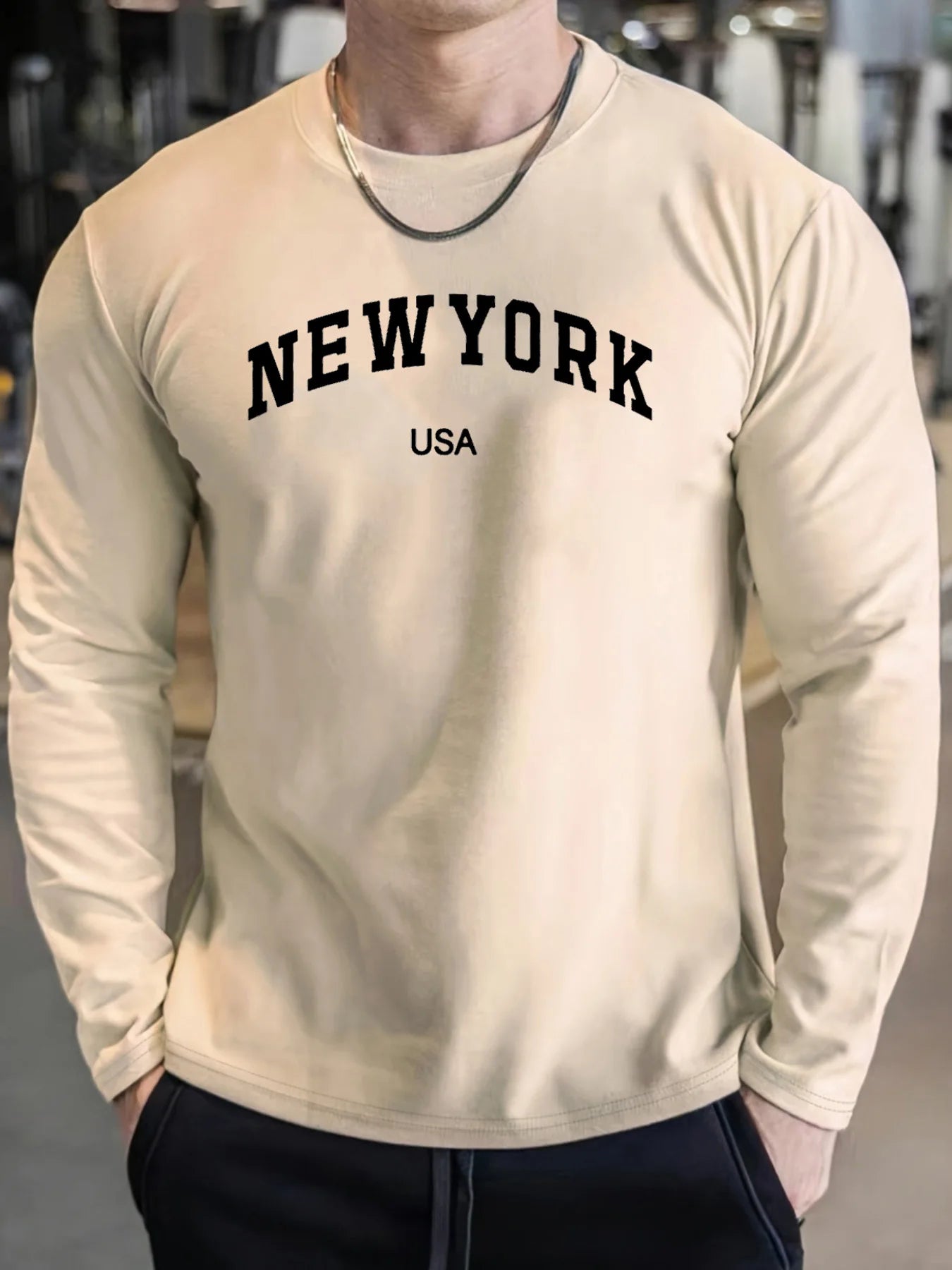 Men's 100% pure cotton comfortable sports casual loose plus size New York USA printed round neck long sleeved T-shirt top