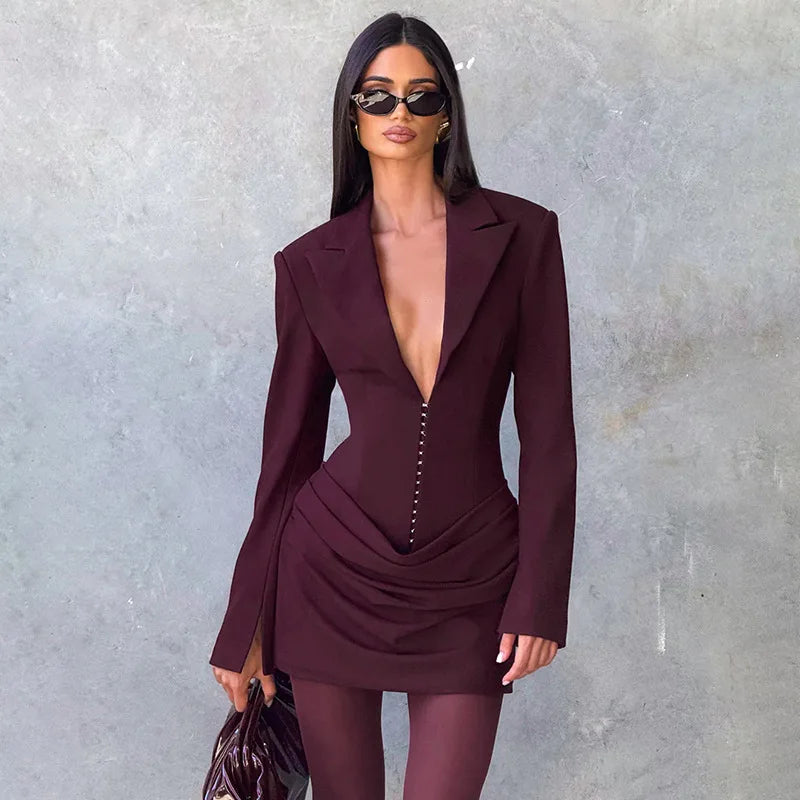 2023 neue Herbst Winter Mini Kleider Mode Frauen Langarm Tiefem V-ausschnitt Sexy Geraffte Bodycon Abend Party Club Blazer Vestidos