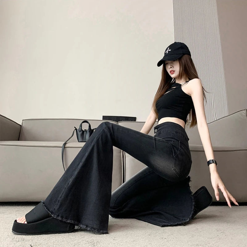 Jeans Frauen Herbst Chic Täglichen Flare Hosen Farbverlauf High Street Volle Länge Mode Alle-spiel Temperament Einfache Shinny