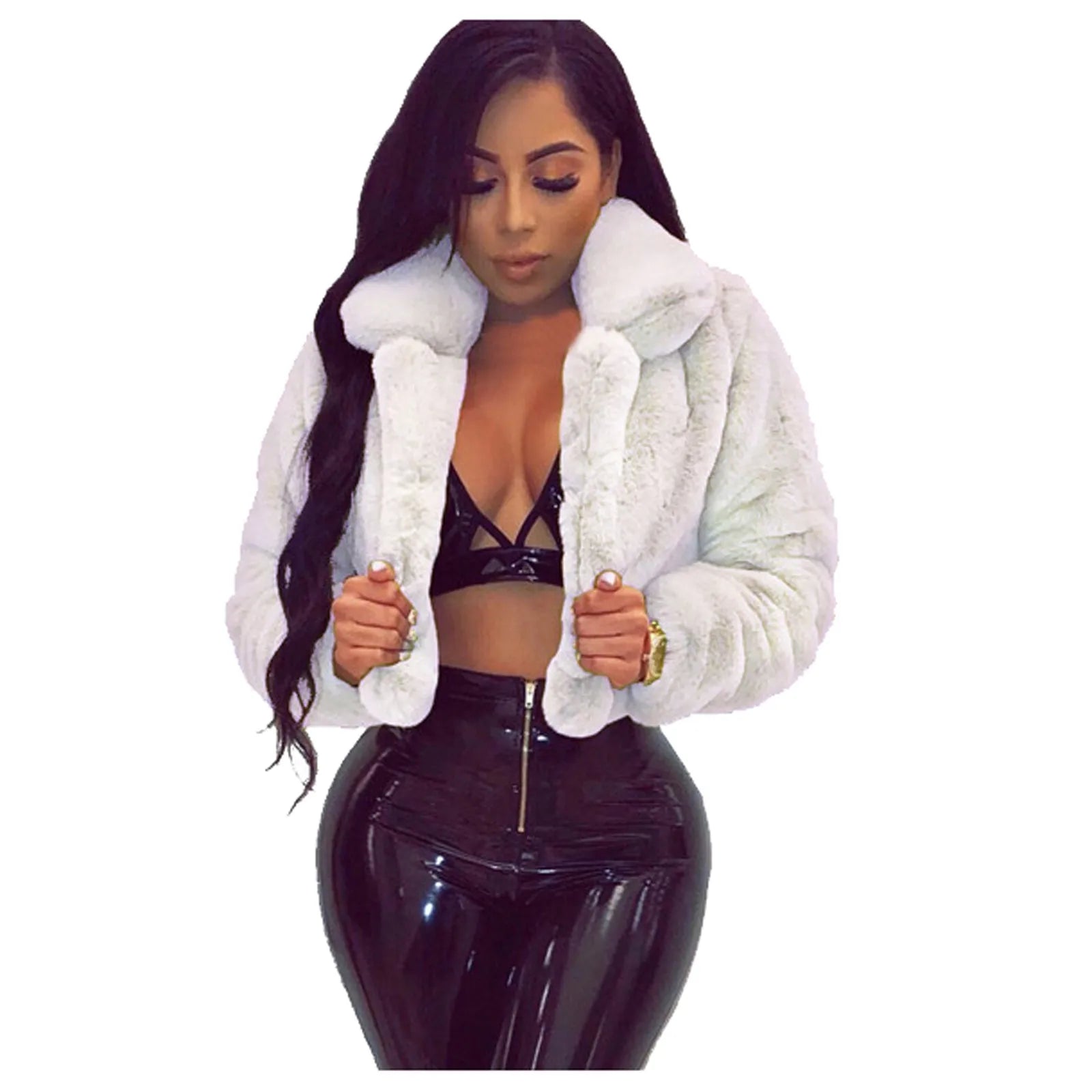 Mode Faux Pelz Offenen Stich Revers Crop Jacken Frauen Kleidung Herbst Winter Solide Langarm Warme Pelzigen Flauschigen Mantel Outwear
