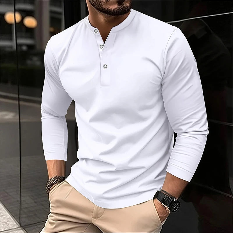 2025 männer Sommer Langarm Henry Polo Casual Atmungsaktiv Komfortable Polo-Shirt Solide Hohe Qualität Männliche T-Shirt Dropshipping