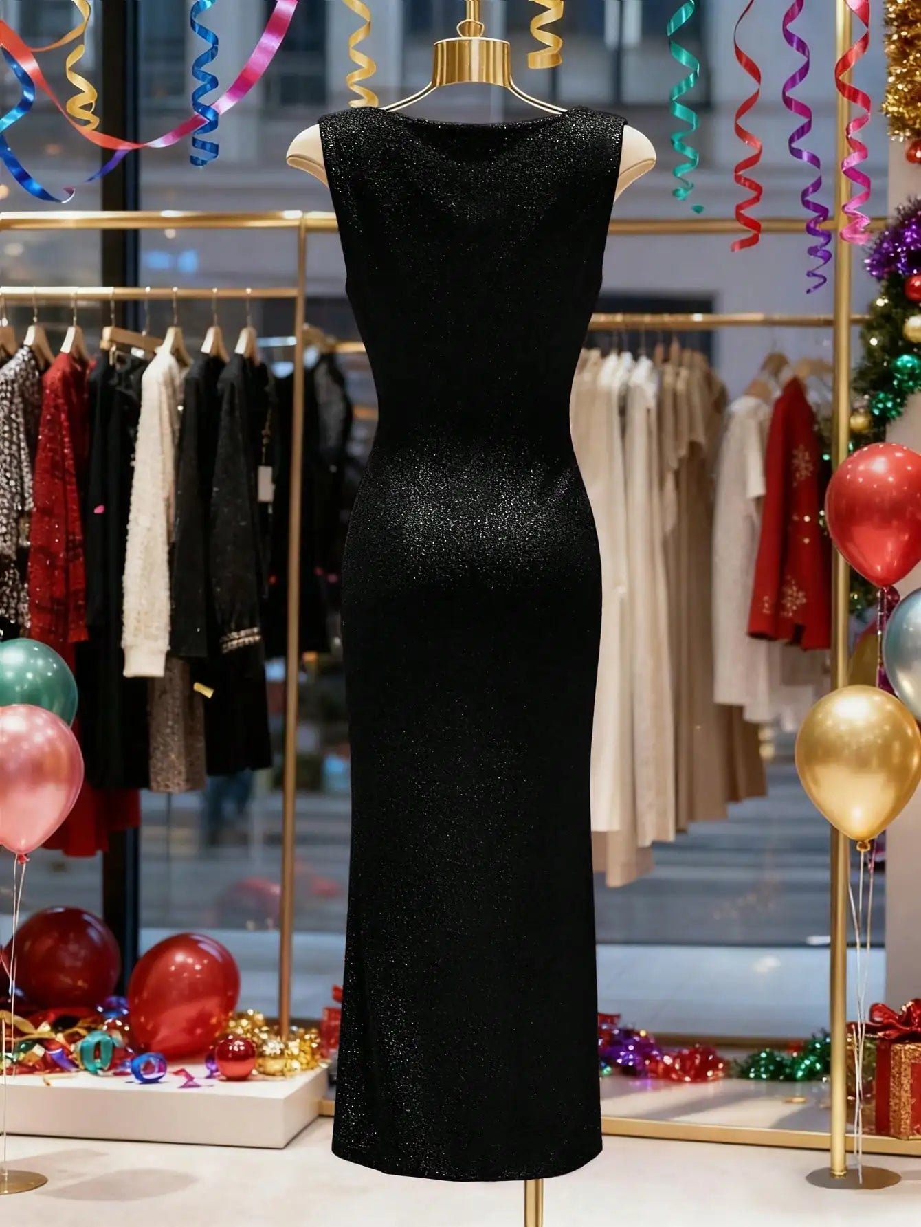 Sommermode Neuheiten: Elegantes, Ärmelloses, Funkelndes, Figurbetontes Tiefer-Ausschnitt-Abendkleid