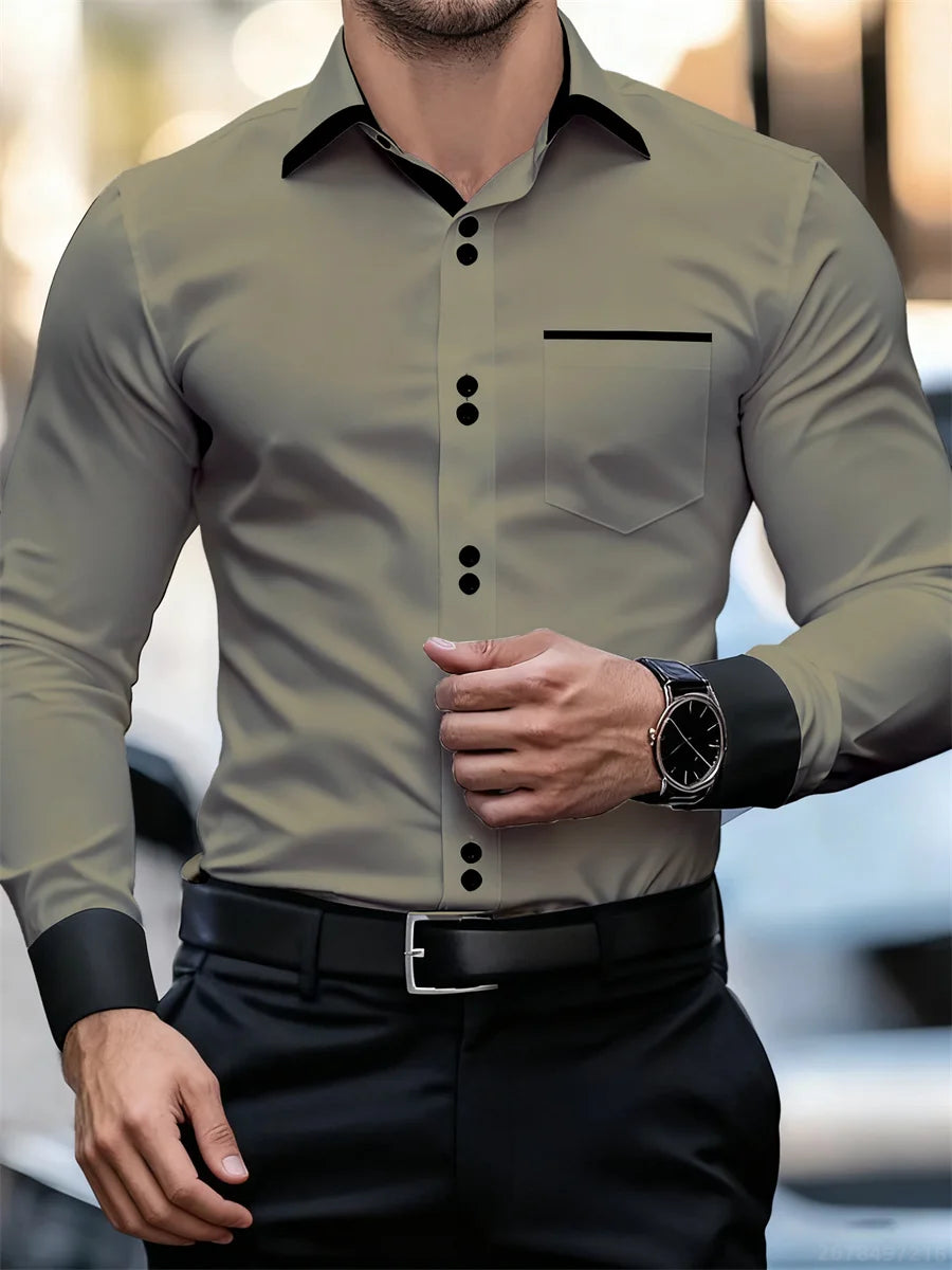 Herren-Business-Langarmhemd mit Farbblockkragen, schmale Passform, knitterfrei, schwarz-weißes Patchwork-Hemd, modisches Herrenoberteil