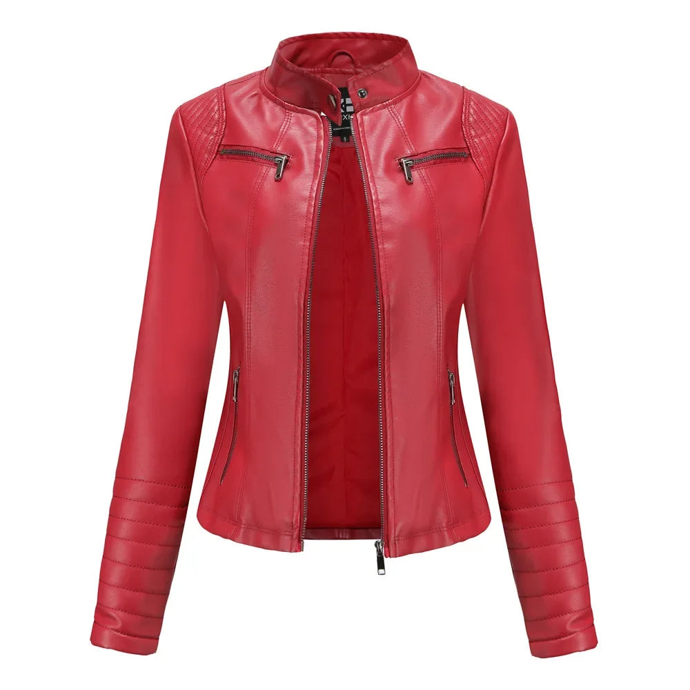 Neue 20-Damen-Lederjacke, dünn, Motorrad-Stil, kurze modische Damenjacke, Stehkragen, volle Ärmel, aus dem Festland China