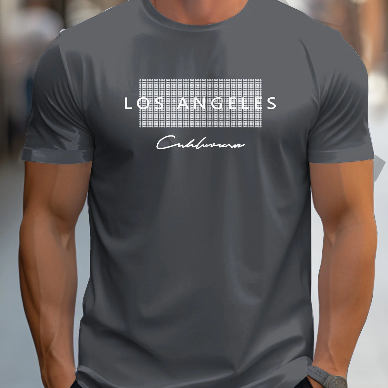 Herren-Sommer-T-Shirt mit lockerer Passform, groß, Los Angeles-Grafikdruck, schmale Passform, lässig, sportlich, Rundhalsausschnitt, kurzärmelig