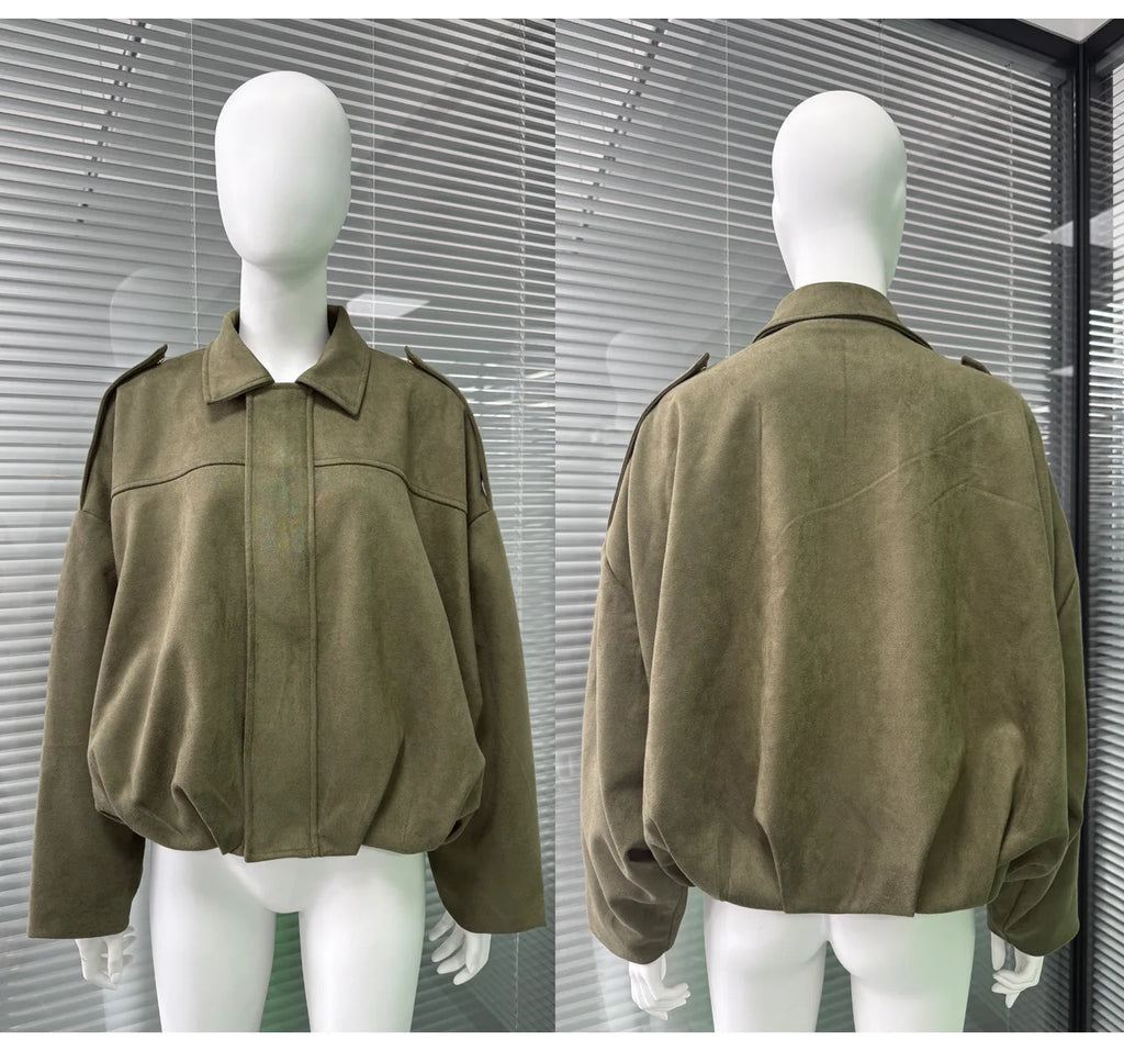 Wildlederjacke im Retro-Stil, Reißverschlusskragen, Oberbekleidung für Damen, mittlere Dicke, lange Ärmel, Street Fashion, lockere Passform, Herbst und Winter
