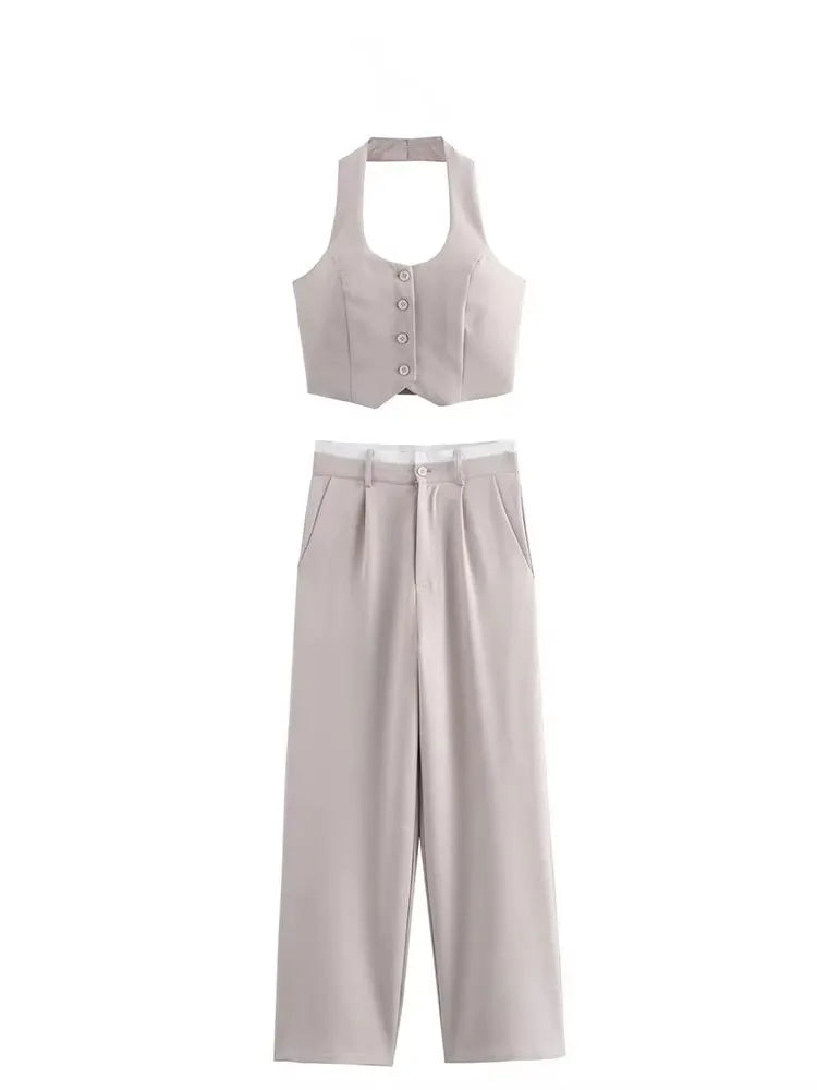 HH Frauen Fashion Solid Weste Hose Anzug Einreiher Halter Abgeschnitten Westen Top Hohe Taille Patchwork Hosen Büro Dame Sets