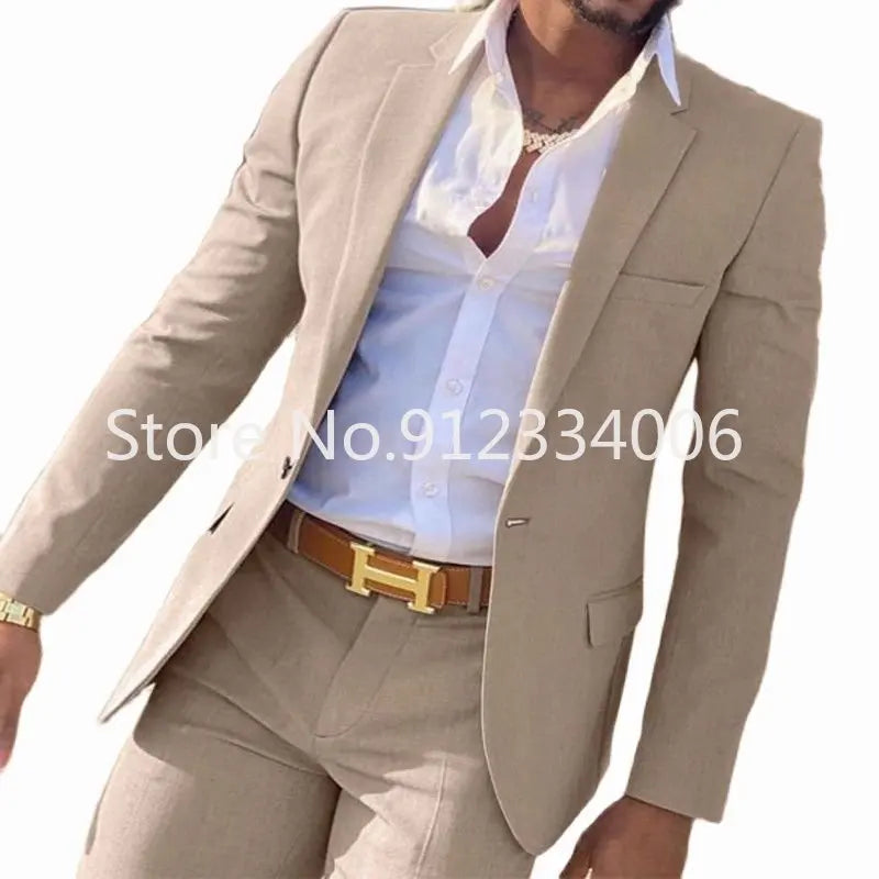 2-teiliger beigefarbener Anzug für Männer, Slim Fit, Hochzeit, Bräutigam, Smoking, Trauzeugenanzüge, männliche Mode, Raucherkostüm, Homme, Blazer mit Hosen
