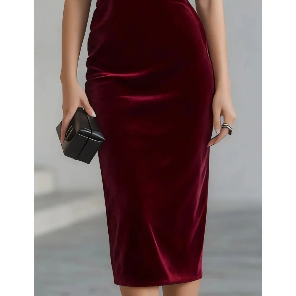 Modisches Spitzenkleid mit Einschulter-Design aus Goldvelours für Damen, Sommerliches Schlankes Elegantes Hüftbedeckendes Schlitz-Kleid