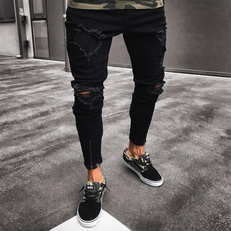 Herrenjeans Neue schwarze zerrissene Stretch-Reißverschluss-Trendhose für Männer