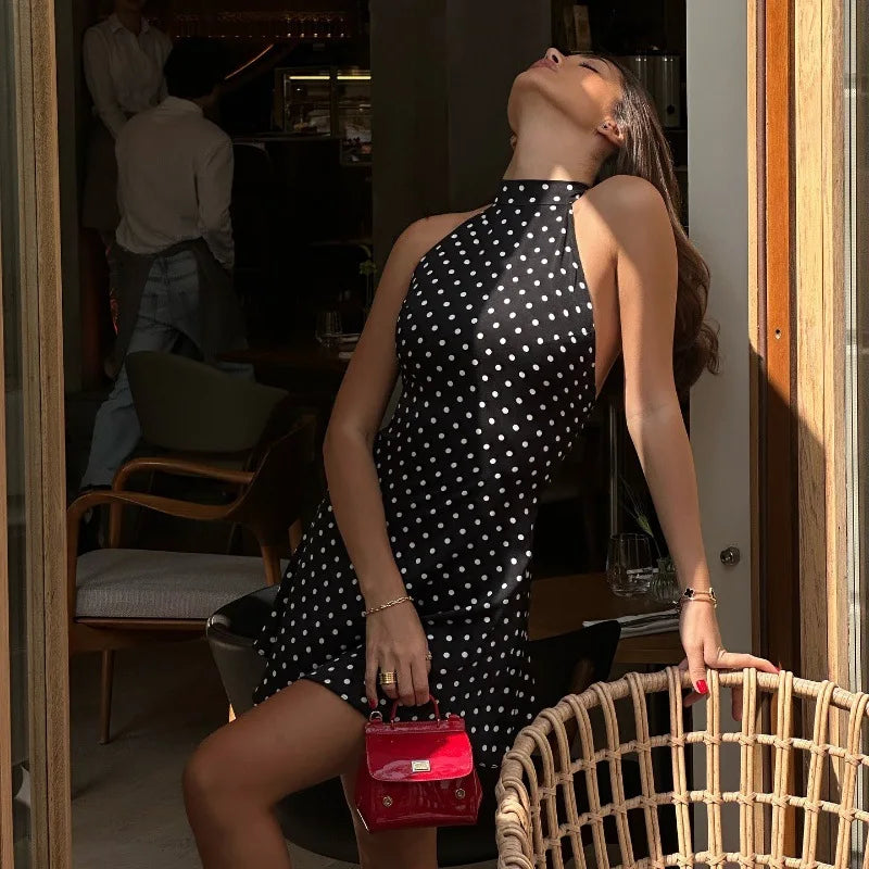 Polka Dot Elegante Off Schulter Ärmellose Backless Hohe Taille Halter Mini Kleid Y2K Sommer Fashion Club Party Vestidos