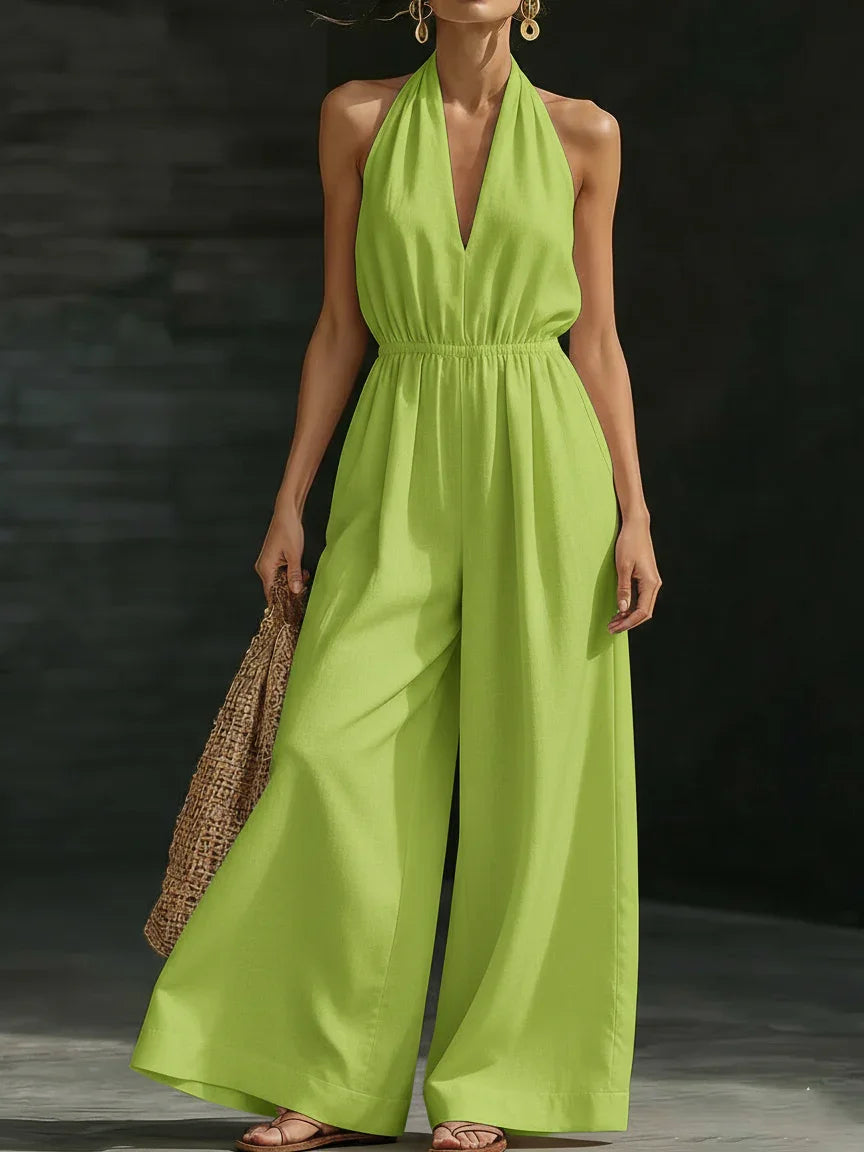 Damen 2026 Neuer V-Ausschnitt Neckholder-Jumpsuit – Designer-Overall im französischen Stil mit weitem Bein, schicker Büro-Casual-Einteiler