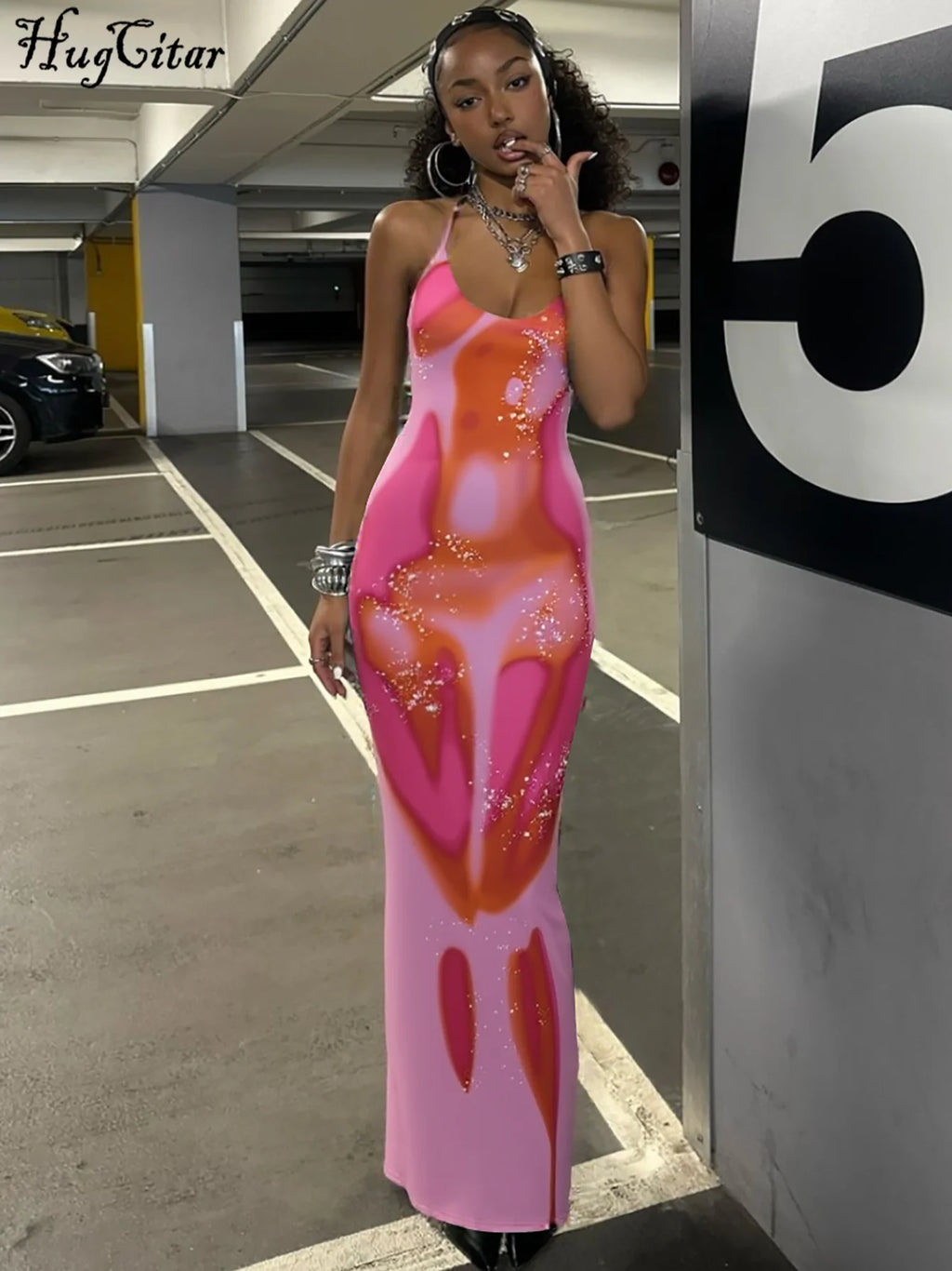 Hugcitar 2025 Frühling Halter Print Halter-Backless Verband Gürtel Sexy Bodycon Maxi Kleid Frauen Mode Outfits Streetwear Festival