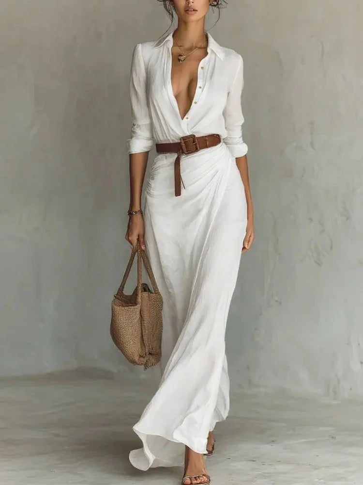 2026 Herbst Langarm Damenkleid Einfarbig mit Unregelmäßigen Falten und Gürtel Modisches Robe Femme für Büro, Alltag und Dates
