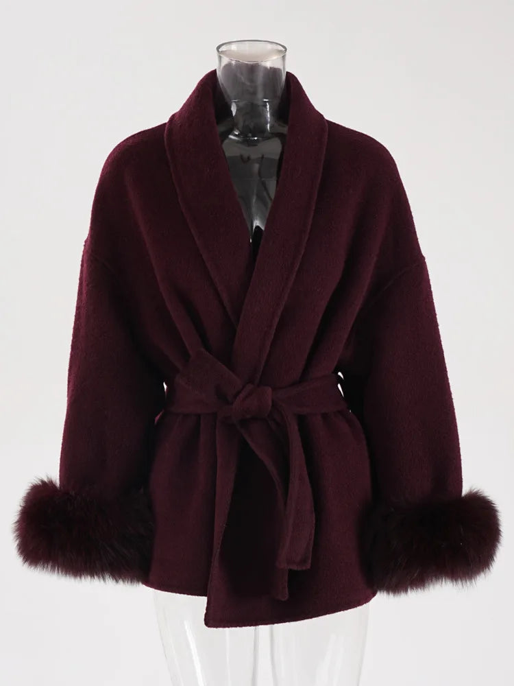 UCXQ Elegant OL Office Lady Overcoats Fur Patchwork Long Sleeve Woolen Coat Beautiful Women's Clothing Jacket Autumn 2025 Winter