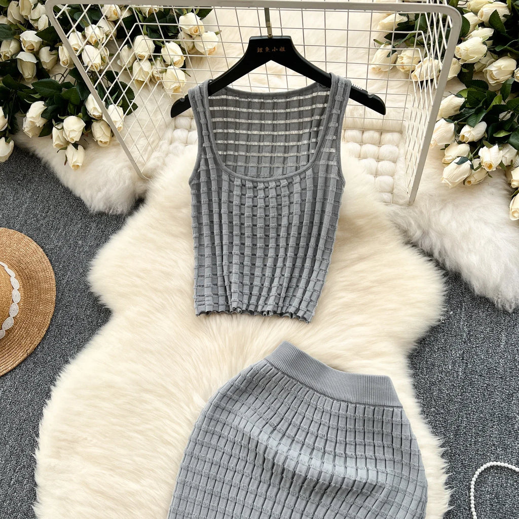 Sommer Frauen Mode Rock Set sexy ärmellose Tanktops hohe Taille schlanke lange Saya weibliche zweiteilige Anzüge stricken feste Kleidung