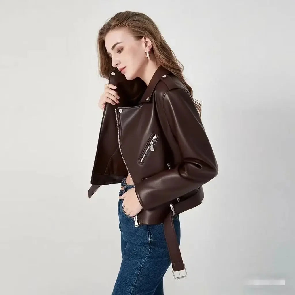 Damen-PU-Lederjacke, schmale Passform, Motorrad, gewaschener Reißverschluss, Oberteil, Herbst-Winter, modische Oberbekleidung, lässiger Stil, volle Ärmel