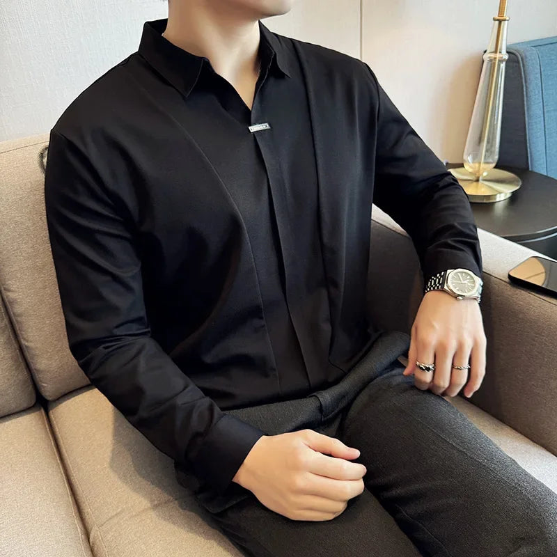 Herren-Poloshirt mit langen Ärmeln, 2026, Frühling, britischer Stil, einfarbig, elastisch, schmale Passform, T-Shirt, formelle Kleidung, Poloshirt, Herrenbekleidung