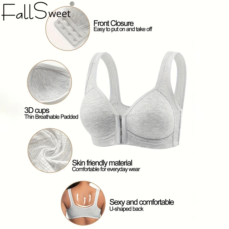 Fallsweet Nahtloser BH mit Vorderverschluss für Damen, solides, kabelloses Push-Up-Bralette, vollständige Abdeckung, feste Körbchen, bequeme Unterwäsche