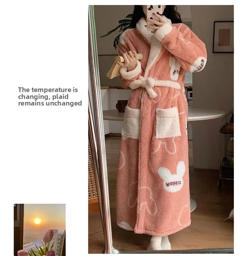 Verdickte Korallen Fleece Robe frauen V-ausschnitt Gürtel Langarm Mid-länge Süße Stil Warme Hause Kleidung Winter Saison