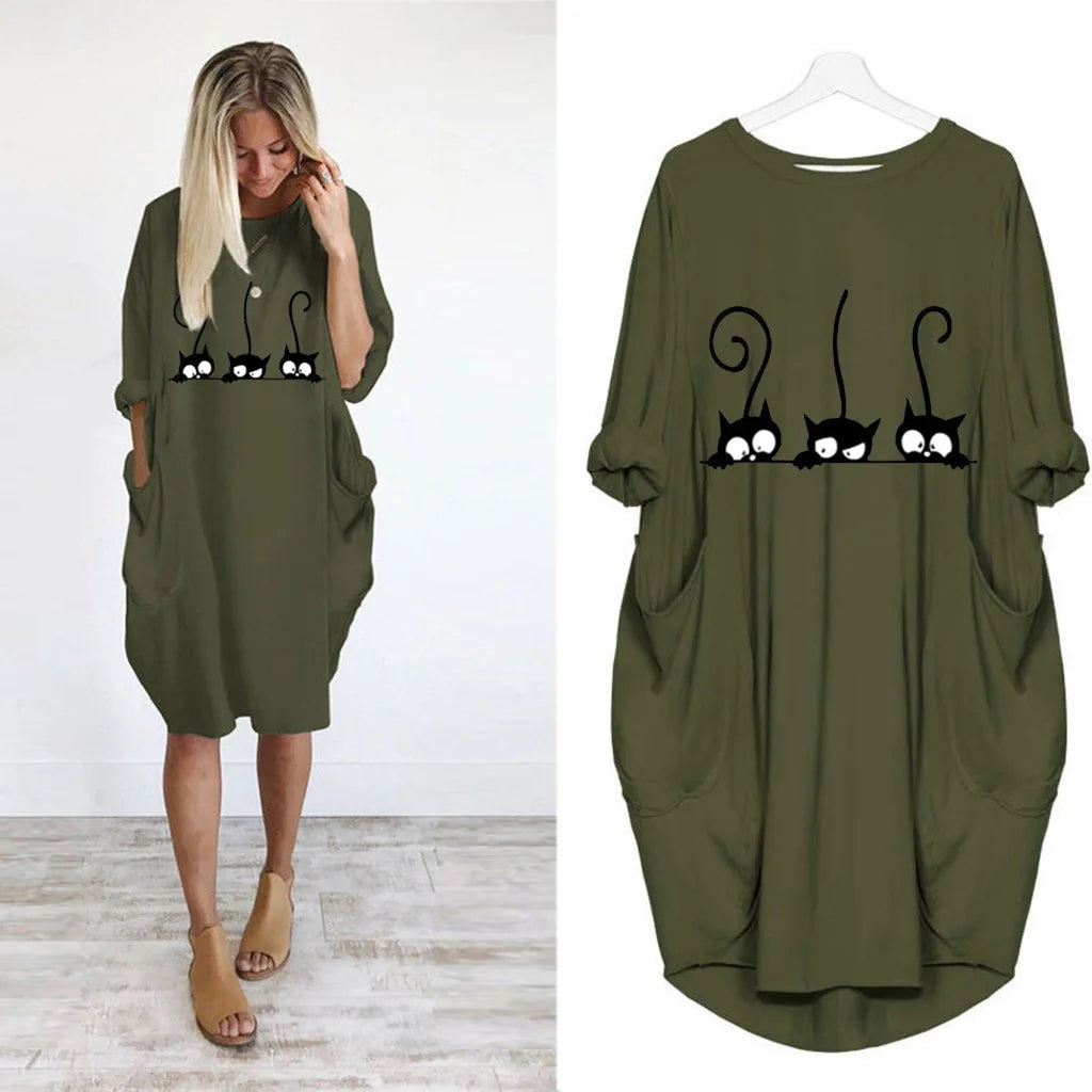 Frauen Lose Lange Ärmeln Sommer Plus Größe Kleid Herbst Winter Casual Rundhals Einfarbig Langarm Tasche Lose Pullove