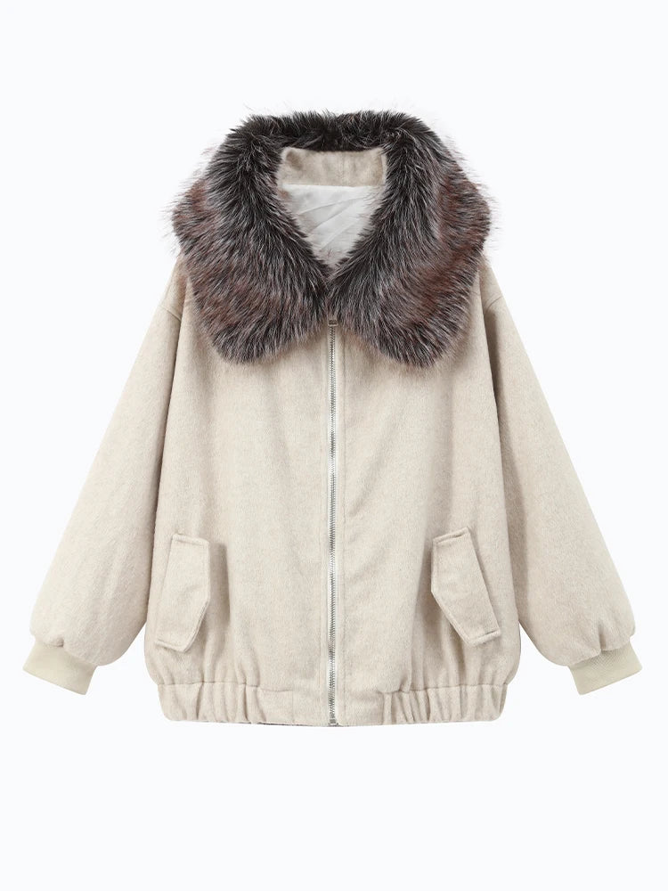 Gefärbter Pelzkragen, kurze Wolljacke für Damen, modisch, Revers, volle Ärmel, einreihig, Patchwork, lose Jacken, 2025, Winter-Outwear