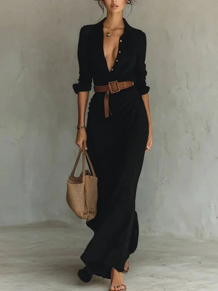 2026 Herbst Langarm Damenkleid Einfarbig mit Unregelmäßigen Falten und Gürtel Modisches Robe Femme für Büro, Alltag und Dates