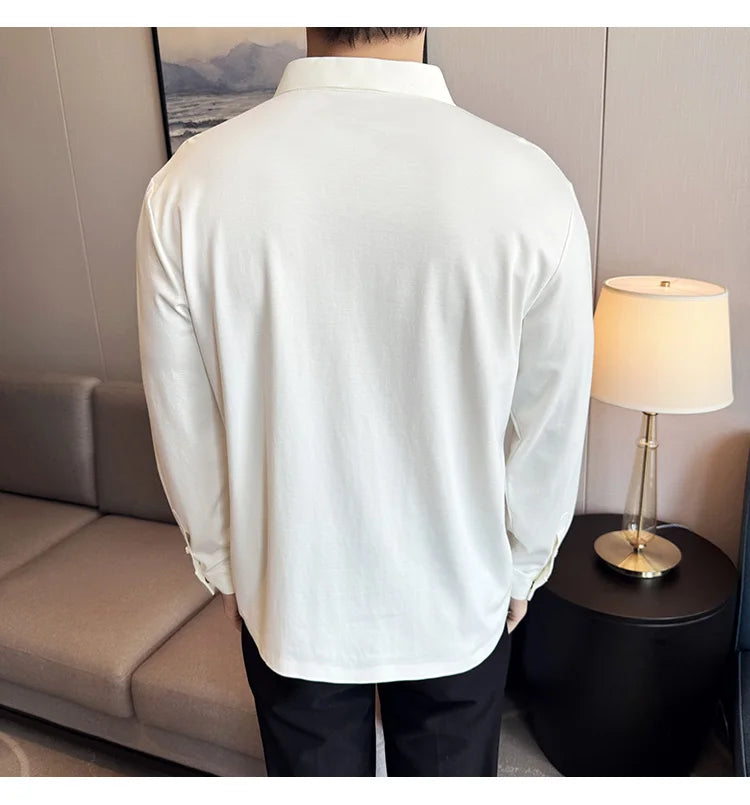 Men Long Sleeved Polo Shirt 2024 Autumn British Style Solid Casual Elastic Slim Fit T-shirt Formal Dress Polo Shirt Men Clothing