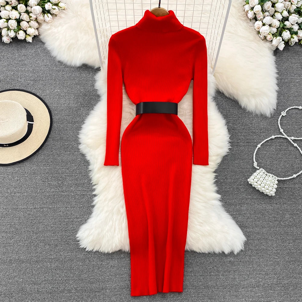 REALEFT Herbst Winter 2025, neue Rollkragen frauen Gestrickte Kleider mit Gürtel Langarm Elegante Bodycon Wrap Kleid Weibliche