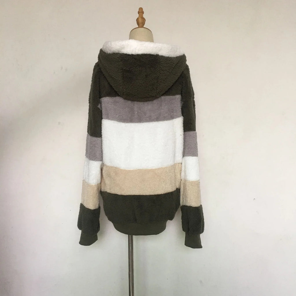 Warme Fleece-Übergroße Kapuzenjacke für Damen, Herbst und Winter, verdickte Reißverschlusstasche, Patchwork-Kleidung, bequemes Sweatshirt