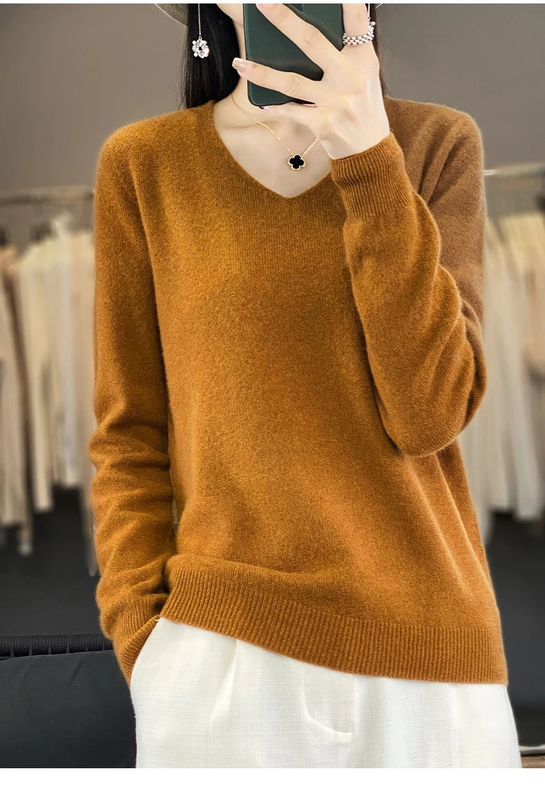 Frauen 100% Merinowolle Pullover V-Ausschnitt Basic Pullover Herbst Winter Kaschmir Kleidung Langarm weiche Strickwaren Tops einfarbig