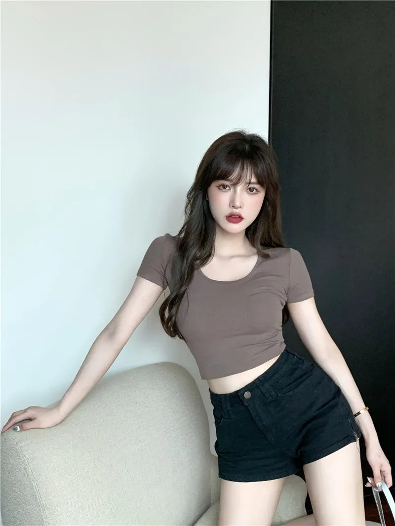 Sommerliche sexy Crop-Tops für Damen, schmal geschnitten, Kpop Y2K Kawaii Gothic T-Shirt, Harajuku Vintage, günstige Kleidung, süße Streetwear-Shirts