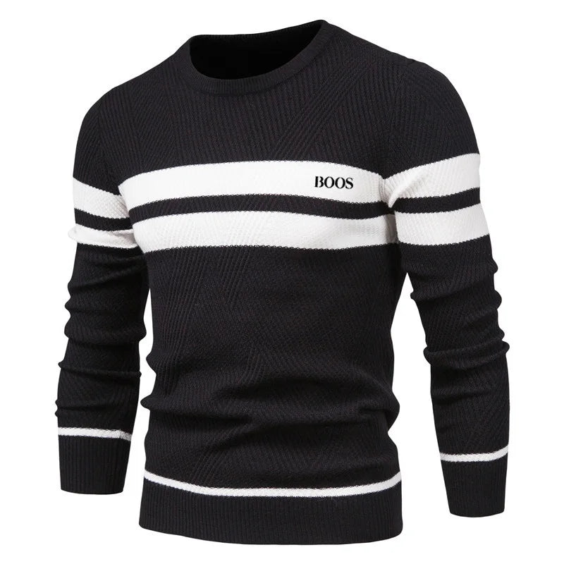 Autumn and winter men's casual striped men's sweater pullover, color blocked round neck embroidered men's European size knitted