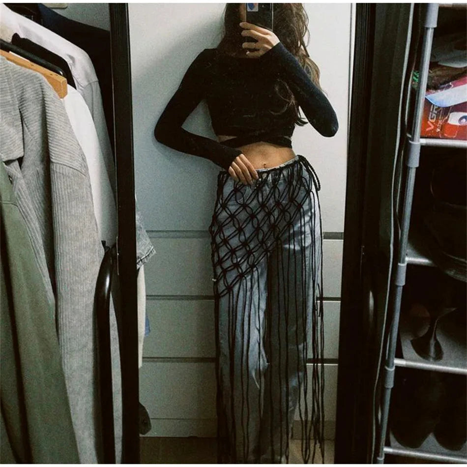 Handgewebter Bikini-Überwurfrock mit Netzfransen am Bund – Festival- und Streetwear-Accessoire für Anzüge und Jeans