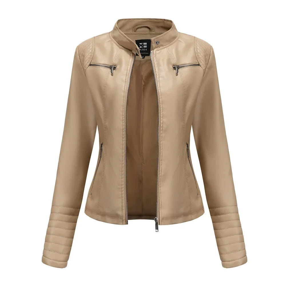 Neue 20-Damen-Lederjacke, dünn, Motorrad-Stil, kurze modische Damenjacke, Stehkragen, volle Ärmel, aus dem Festland China