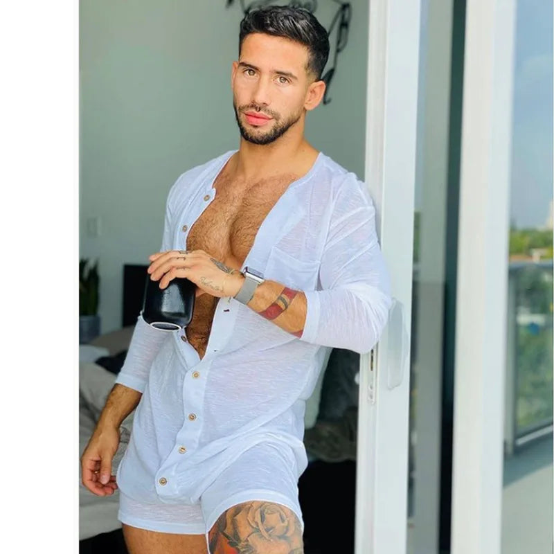 Neue 2024 Sommer-Pyjama-Sets in einfarbiger Farbe mit sexy langärmeligem Body und engem Overall für Herren