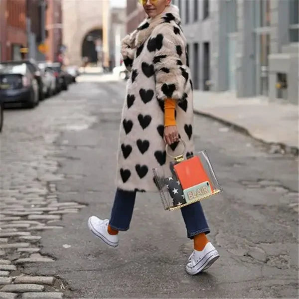 Winter Fashion Week Mode Lange Liebe Herz Muster Hohe Qualität Faux Fuchs Pelzmantel Frauen Jacke