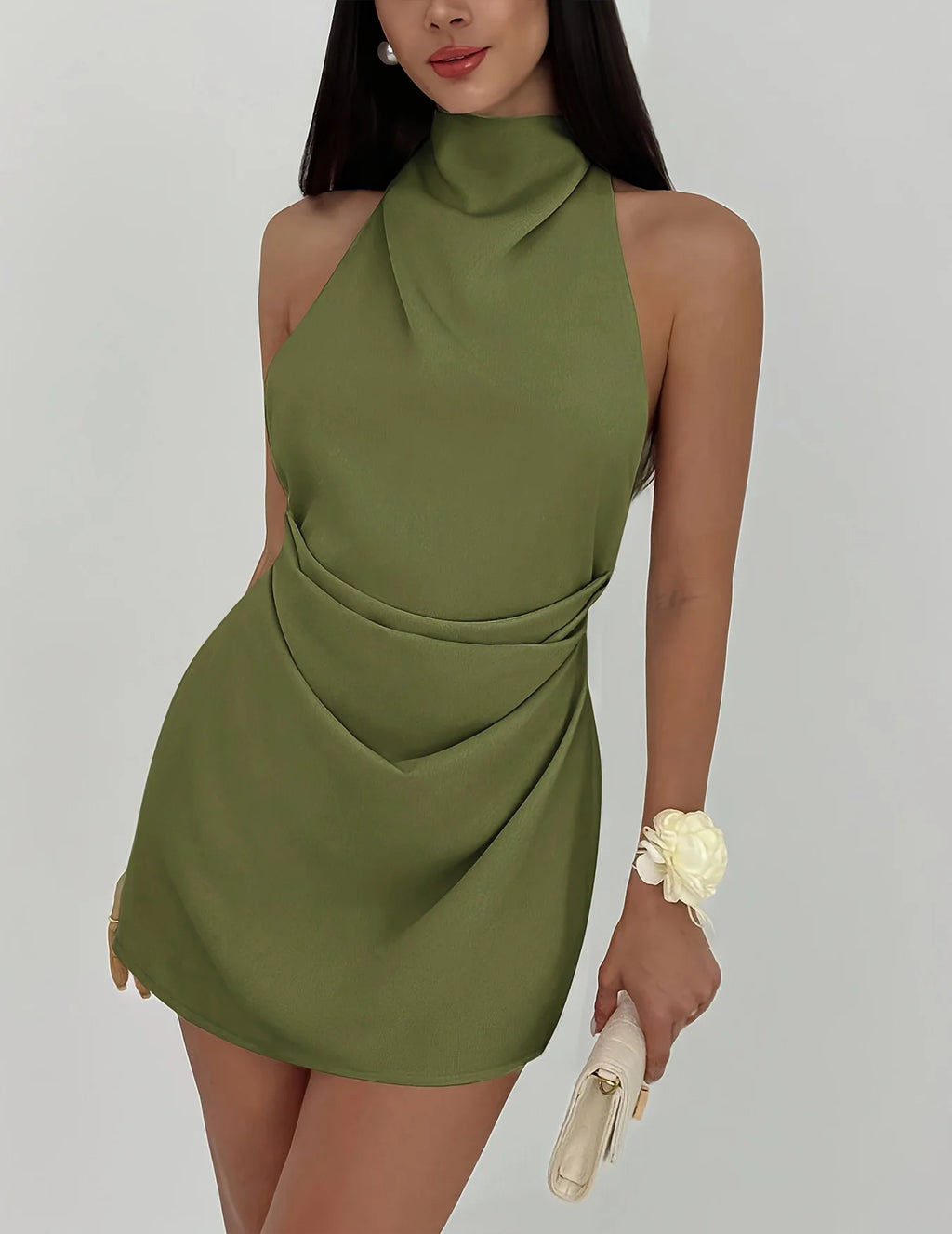 Damen Plissiertes Hochgeschlossenes Rückenfreies Minikleid mit Bindegürtel Satin-Minikleid für Abendparty und Cocktail